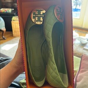 Tory Burch Green Ballet Flats with Logo Medallion